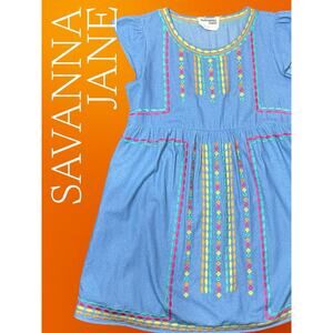 Savanna Jane Women’s Large Chambray Boho Dress Embroidered Geometric Y2K